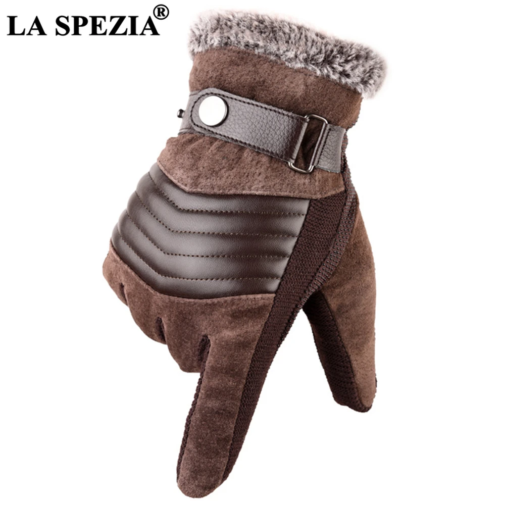 LA SPEZIA Brown Mens Leather Gloves Real Pigskin Russia Winter Gloves Warm Thick Driving Skiing Men's Guantes Luvas