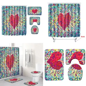 

Valentine's Day Toilet And Bathroom Mat Four-Piece Shower Curtain Bathroom Rug And Toilet Pad Cover Printed Bathroom Mats Set