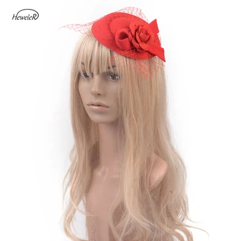 

Ladies Women Bridal Wedding Races Cocktail Party Fascinators Felt Rose Pillbox Hats Handmade Black/Red Hair Clips Hairpieces