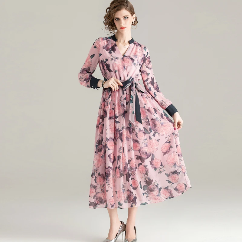 

New Arrival Women's Runway Dresses Sexy V Neck Long Sleeves Printed Sash Belt High Street Fashion Mid Calf Dresses
