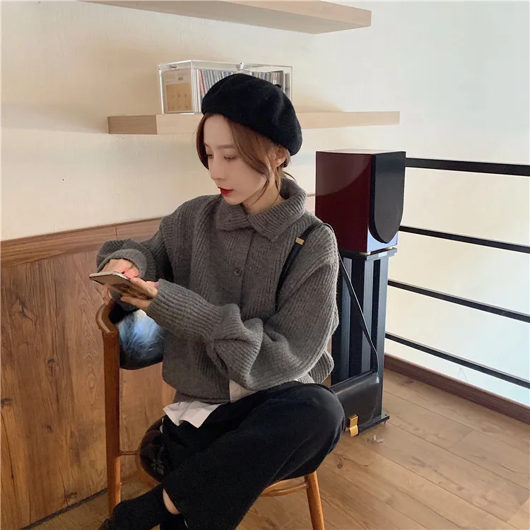 Sweater Cardigan Women Vintage Lantern Sleeve Casual Cardigan Harajuku Lapel Solod Color Coat