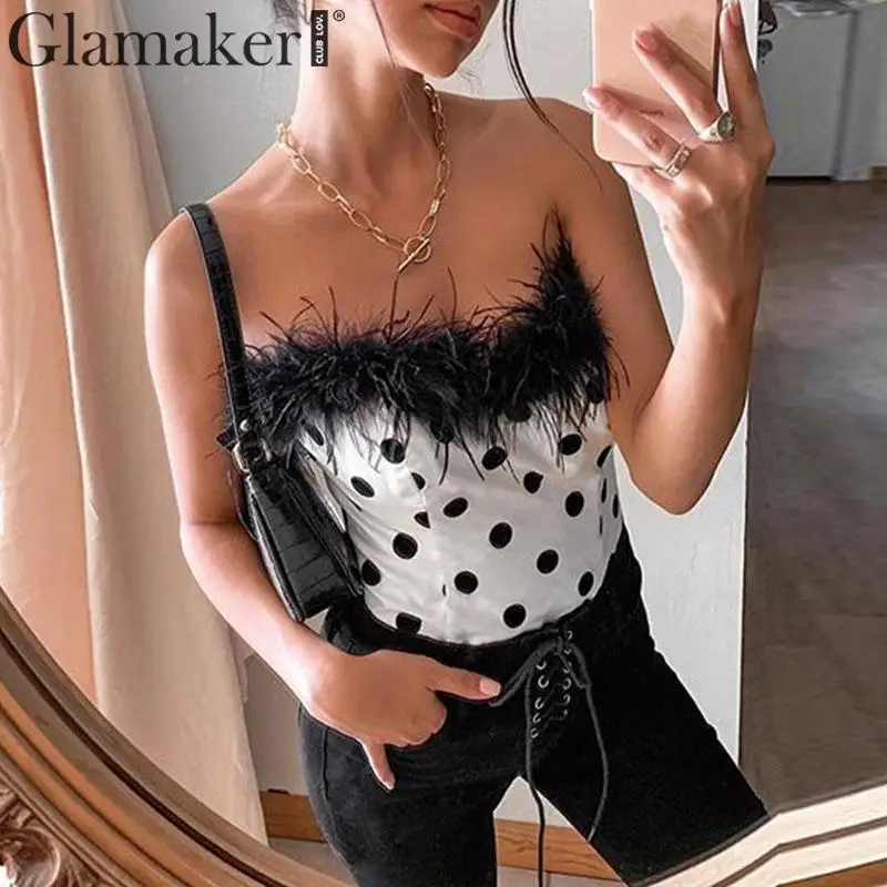 Glamaker, трикотажные майки в горошек с открытыми плечами, женские элегантные майки в стиле пэчворк с перьями, женские пикантные вечерние майки на осень и зиму