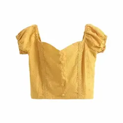 Элегантные желтые хлопковые 100% трикотажные короткие женские блузки рубашки 2019 летние модные женские черные вечерние милые топы для