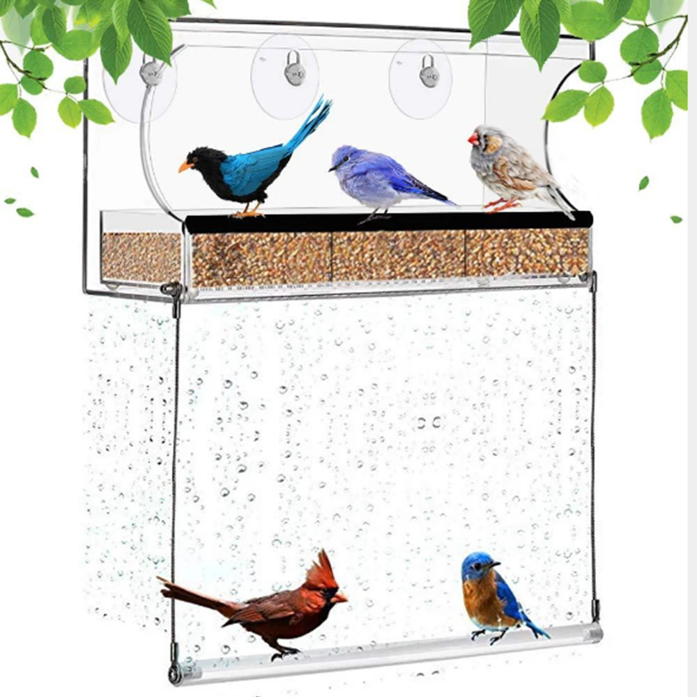 

Bird Feeder Acrylic Transparent Window Viewing Bird Feeders Tray Birdhouse Suction Cup Mount House Type Feeder 11.8x4x5.2inch