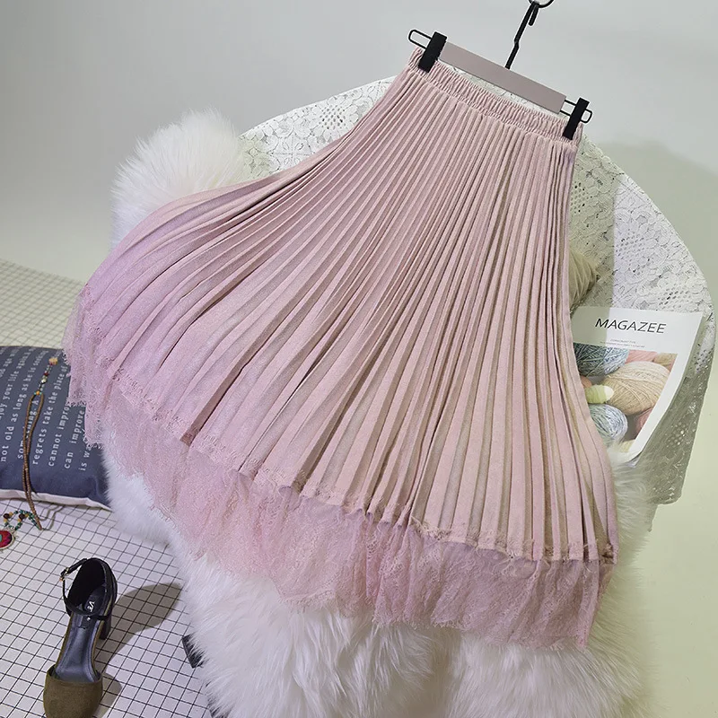 

2019 Autumn Winter Women Skirts Solid High Waist Pleated Skirts Women A-Line Lace Long Skirt Saia Faldas Jupe Kawaii Outwear