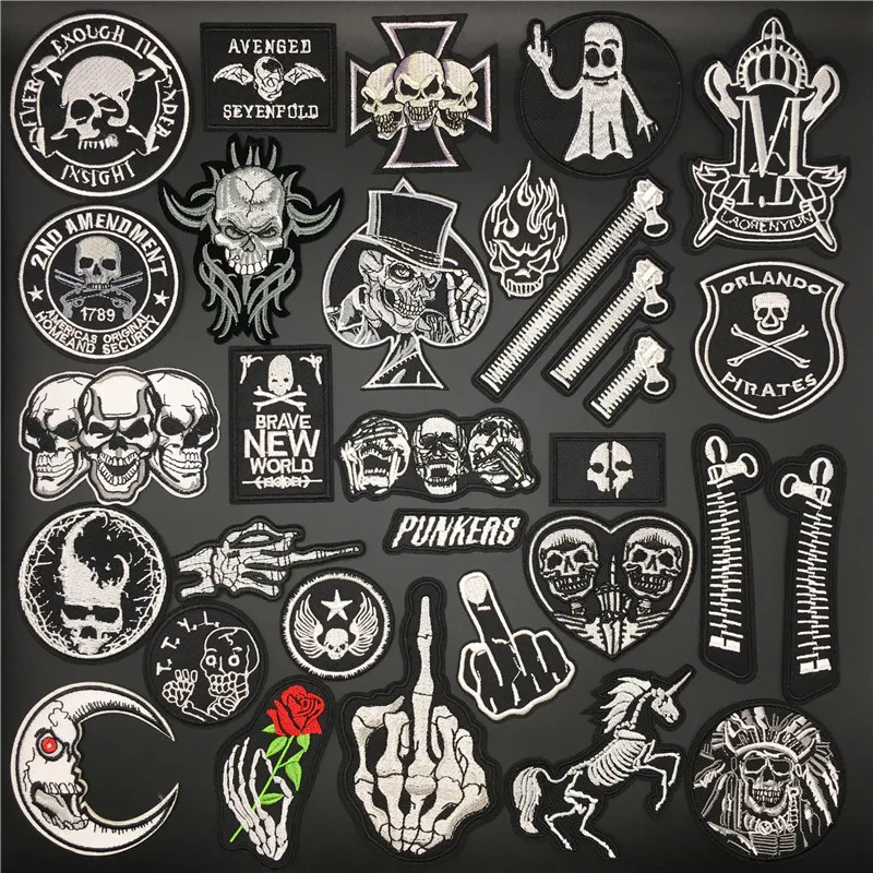 

Skull Patches for Clothing Punk Biker Embroidered Badges Iron On Stripes Appliques Jacket Jeans Clothes Stickers Diy Decorative