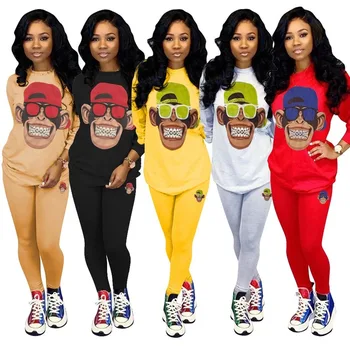 

Ts977 Cross-Border Supply New European and American Women's Casual Solid Color Cartoon Decal Sports Two-Piece Set