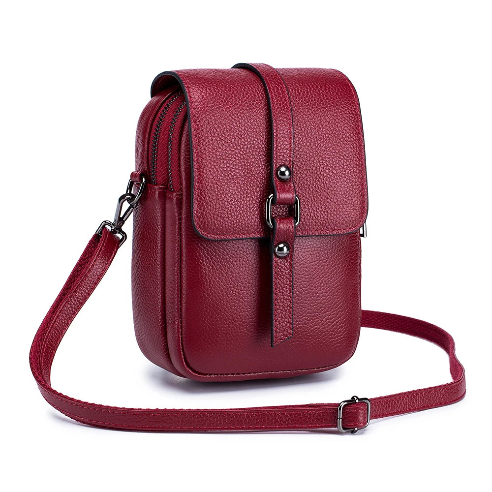 Women's Genuine Leather Small Shoulder Bag - Cute Crossbody Messenger with Double Zipper Pockets