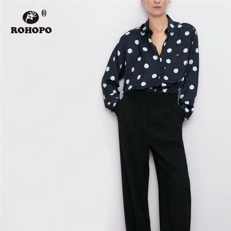 

ROHOPO Turn Down Collar White Polk Dot Black Blouse Long Sleeve Round Edge Ladies Autumn Tops Blusa Shirt #9332
