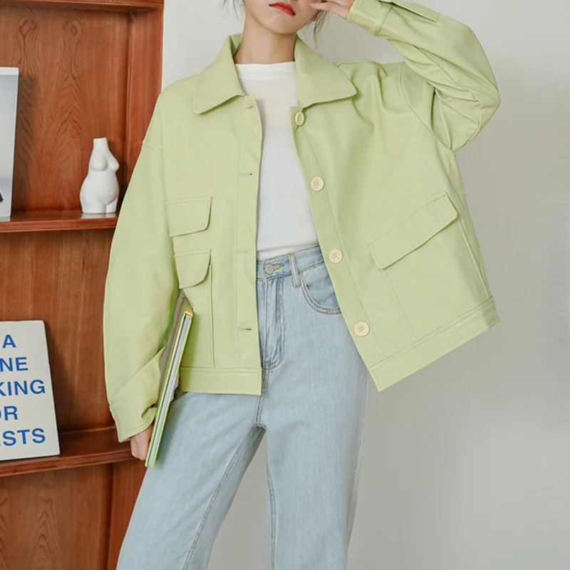 

Green White PU Leather Shirt Women Long Sleeve Blouses Front Button Turn-Down Collar Ladies Tops Autumn Winter Outwear Female