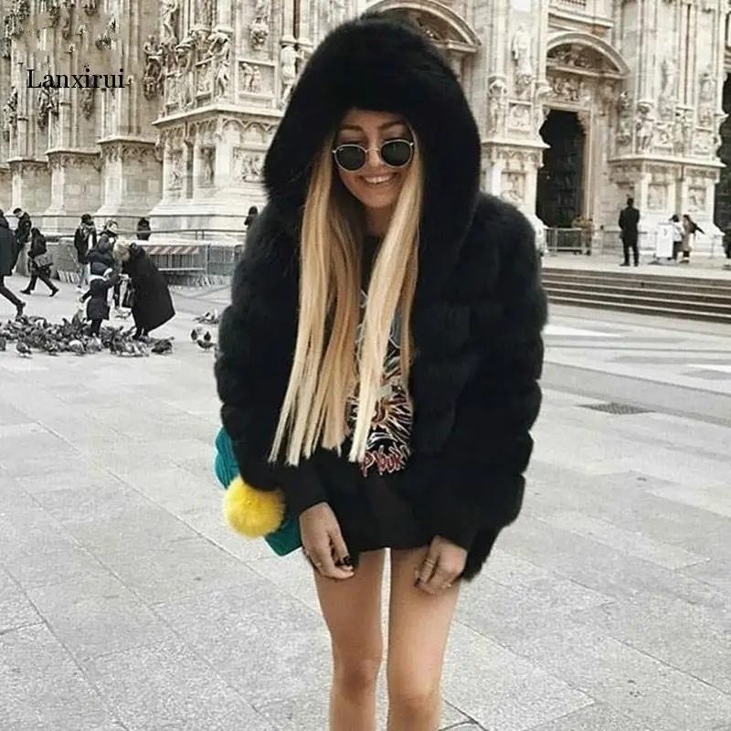 

Fake Fur Coat Female Fox Fur Jacket With Hood Whole Skin Men Made Fox Fur Coat Women Winter Luxury thick Fur Coat