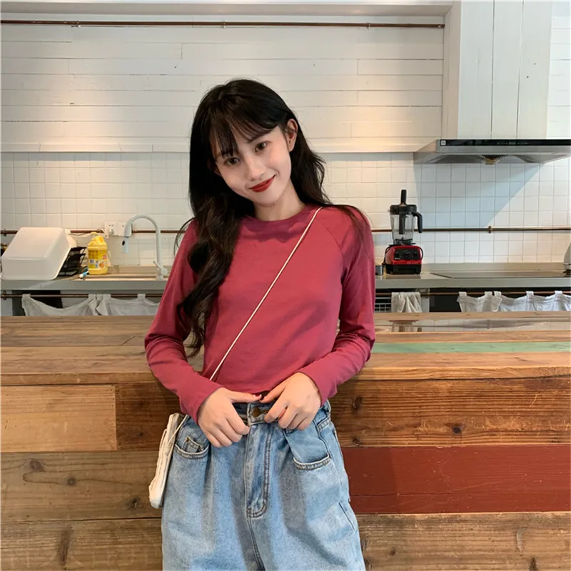 

Cotton T Shirt Women Sexy Long Sleeve Crop Tops 2020 Spring Korean Solid T-Shirt Baisc Harajuku Loose T-Shirts Camiseta Mujer