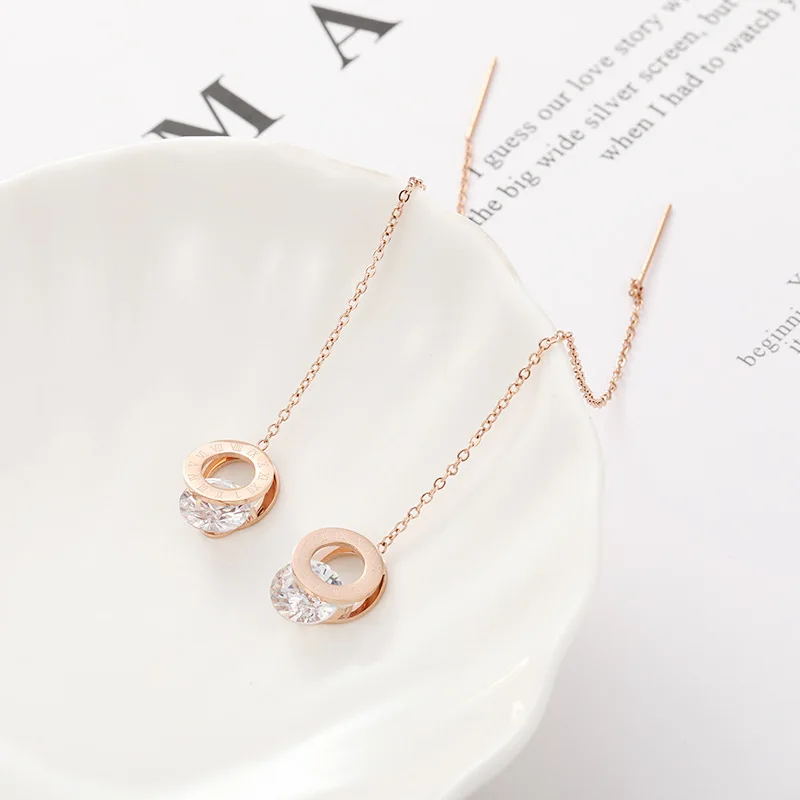 Titanium Stainless Steel Roman Round Zircon Ear Line Female Long Tassel Earrings For Women