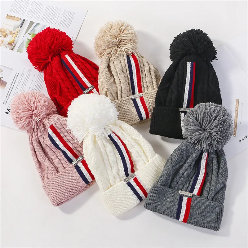 USPOP, модные зимние женские утолщенные теплые шапки Skullies, Лоскутные Полосатые Вязаные шапки, женские шапки с помпоном