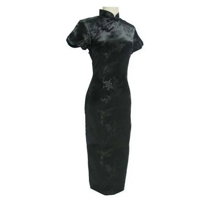 Qipao длинные платья с коротким рукавом сексуальное платье Черный Дракон и Феникс китайское традиционное платье женское атласное Чонсам Qipao большой размер - Цвет: Black B