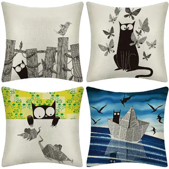 

Cartoon Naughty Black Cat Pillowcase Linen Decorative Cushion Cover for Home Fabric Sofa Chair Car