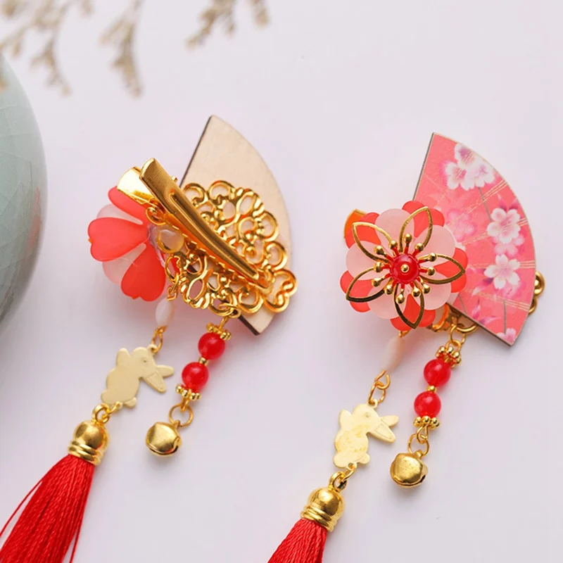 Ancient Chinese Hairpin Fan-shaped Cherry Blossom Sweet Tassel Hairpin Handmade Hair Pin Clip Accessories Children's Hairpin