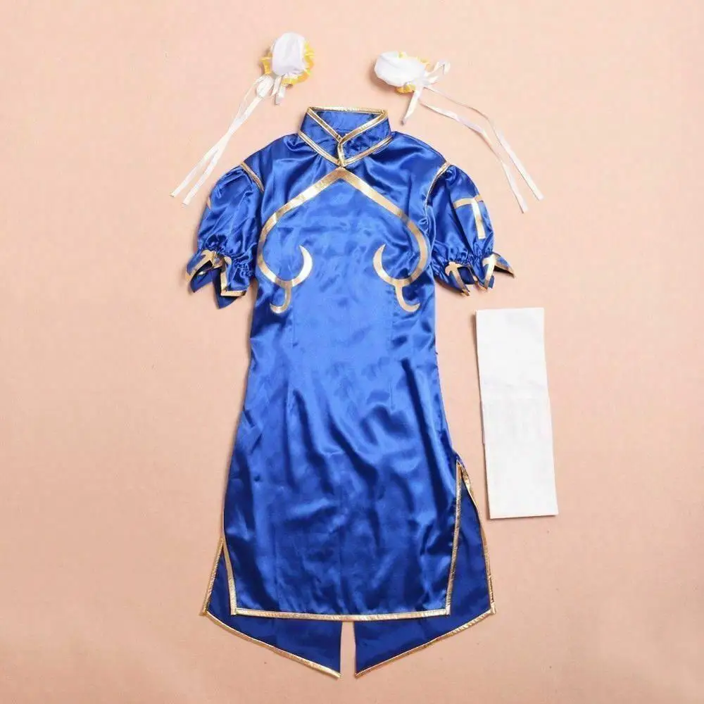Игры Chun Li костюмы для косплея синее платье Чонсам пояс головные уборы для женщин девочек праздничная одежда