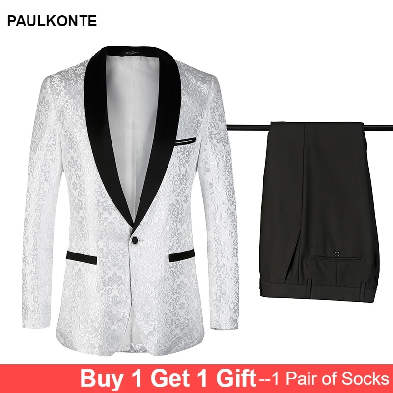 

(Blazer+Pants) Mens White Suit For Wedding Printed Floral Stage Wear Fashion Slim Fit Mens Suits With Pants Plus Euro Size 44-58