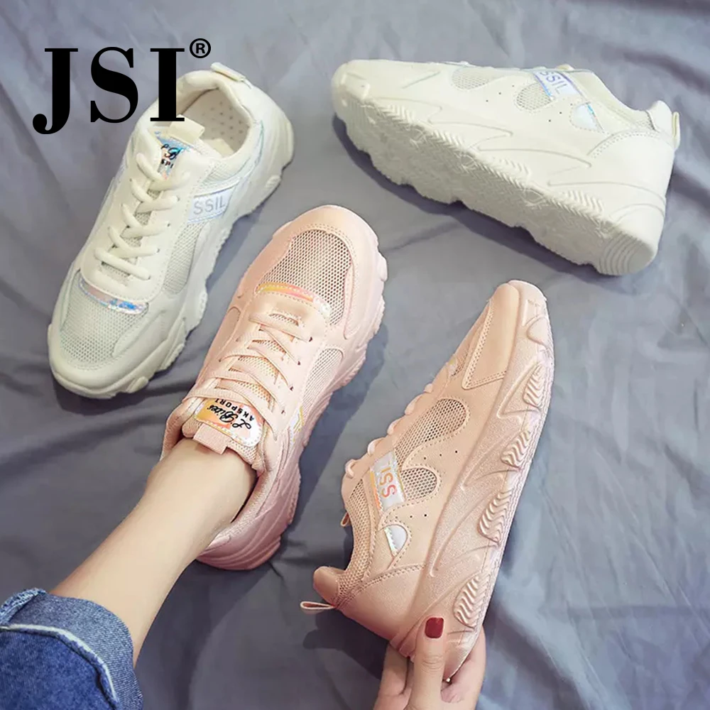

JSI Autumn Women sneakers Air Mesh Round Toe Lace-Up Flats Comfort Ladies Shoes Basic Solid Casual chunky platform sneakers jx58