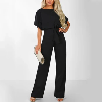 

Fashion Slim Fit Short Sleeved Long Jumpsuit Women Elegant Solid Color Leg Jumpsuit Casual Party Wear Romper Jumpsuit