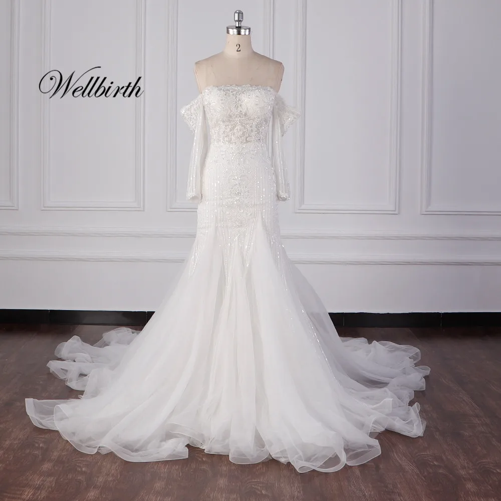 Реальное изображение Wellbirth Vestido de novia свадебное платье русалки без бретелек с открытыми плечами свадебное платье jc038