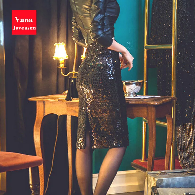 Vana Javeasen, юбки с высокой талией, женская элегантная черная тонкая юбка с блестками, женские вечерние, для банкета, Высококачественная Женская юбка для офиса