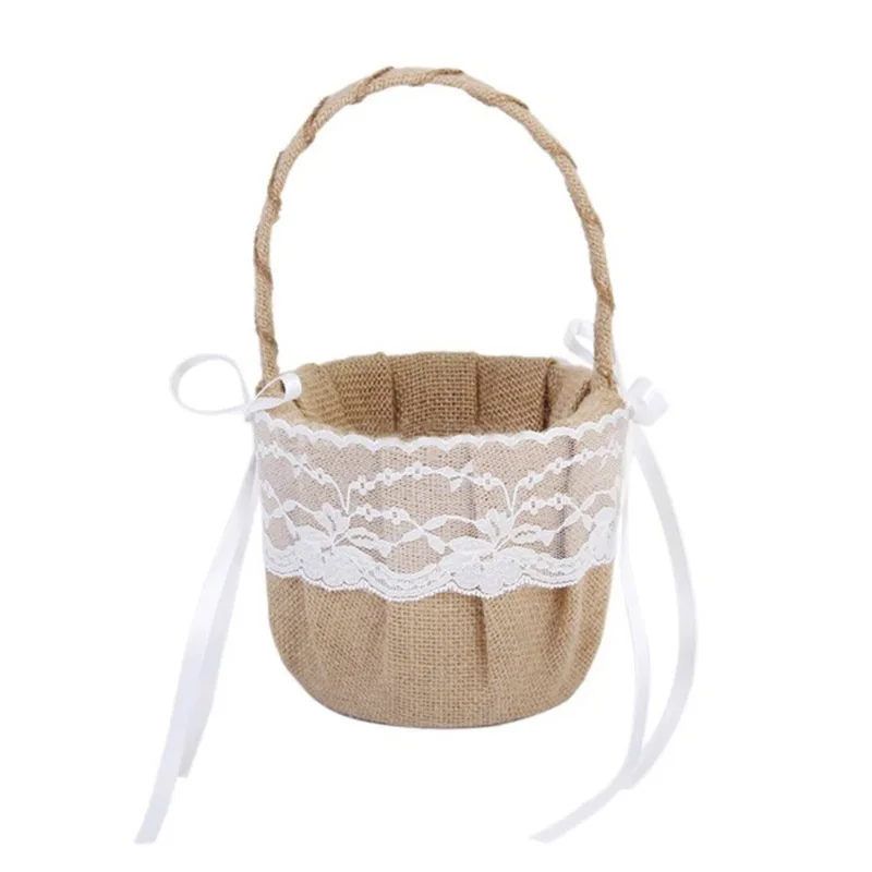 

Hessian Burlap Lace Bow Flower Girl Basket Wedding Party Ceremony Ornament