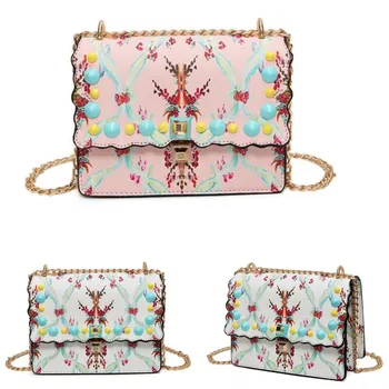 

AEQUEEN Women Leather Chain Handbag Color Rivet Embroidery Floral Crossbody Messenger Shoulder Bag Feminine Satchel Tote Purse