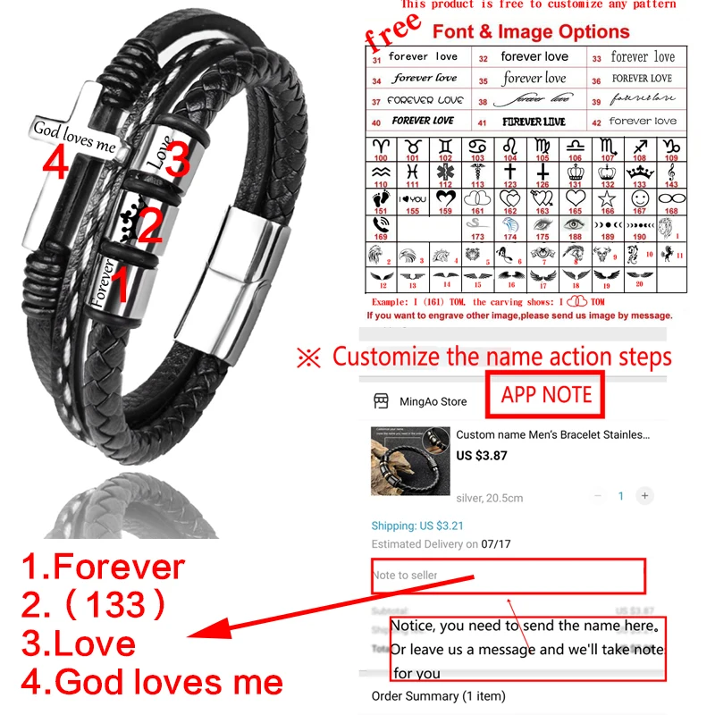 Custom Engraved Family Name Beads Cross Bracelets Black Braided Leather Stainless Steel Bracelets for Men Fathers bracelet jewelry