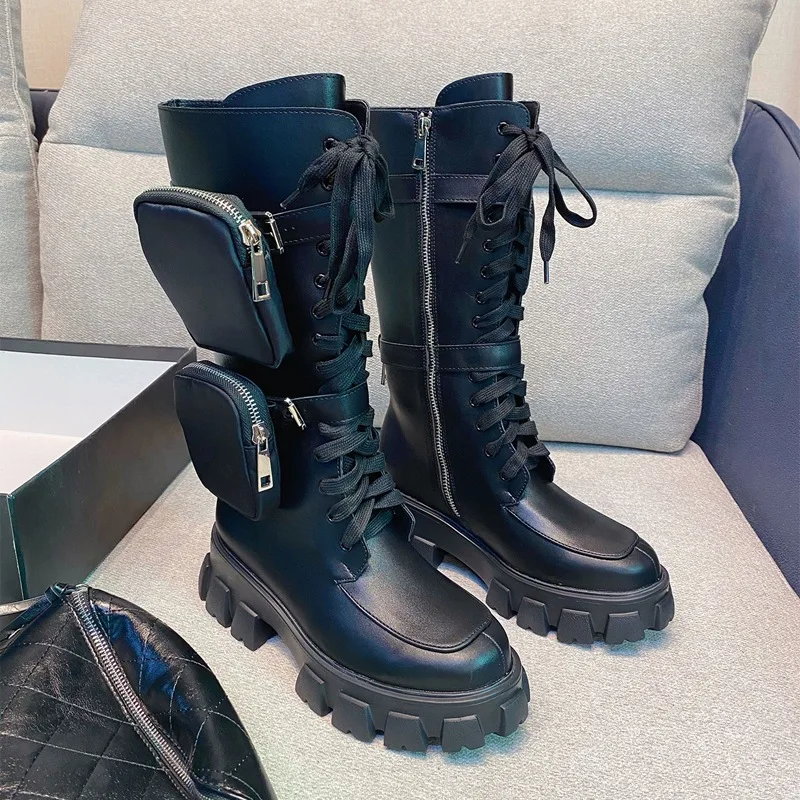 Autumn and Winter Show Style Martin Boots 2020 Women's Leather Muffin Thick Bottom Pocket Purse Motorcycle Mid Tube Knight Boots