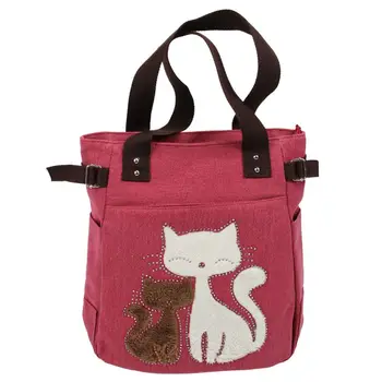 

Women's messenger handbag canvas bag with cute cat small shopping shoulder bag Red