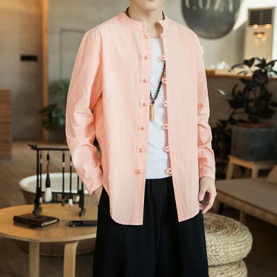Традиционная китайская одежда для мужчин, льняная футболка в восточном стиле с вышивкой и пряжкой, куртка с воротником-стойкой, мужская одежда кунг-фу, M-5XL - Цвет: pink