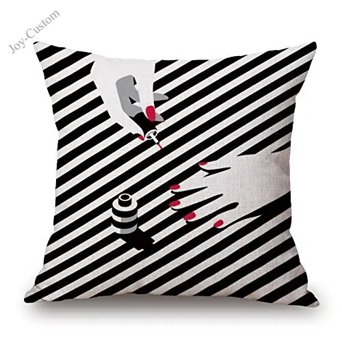

Cotton Linen Square Decorative Throw Pillow Case Simple Black and Beige Style Fashion Makeup Lady Nail Polish Cushion Cover