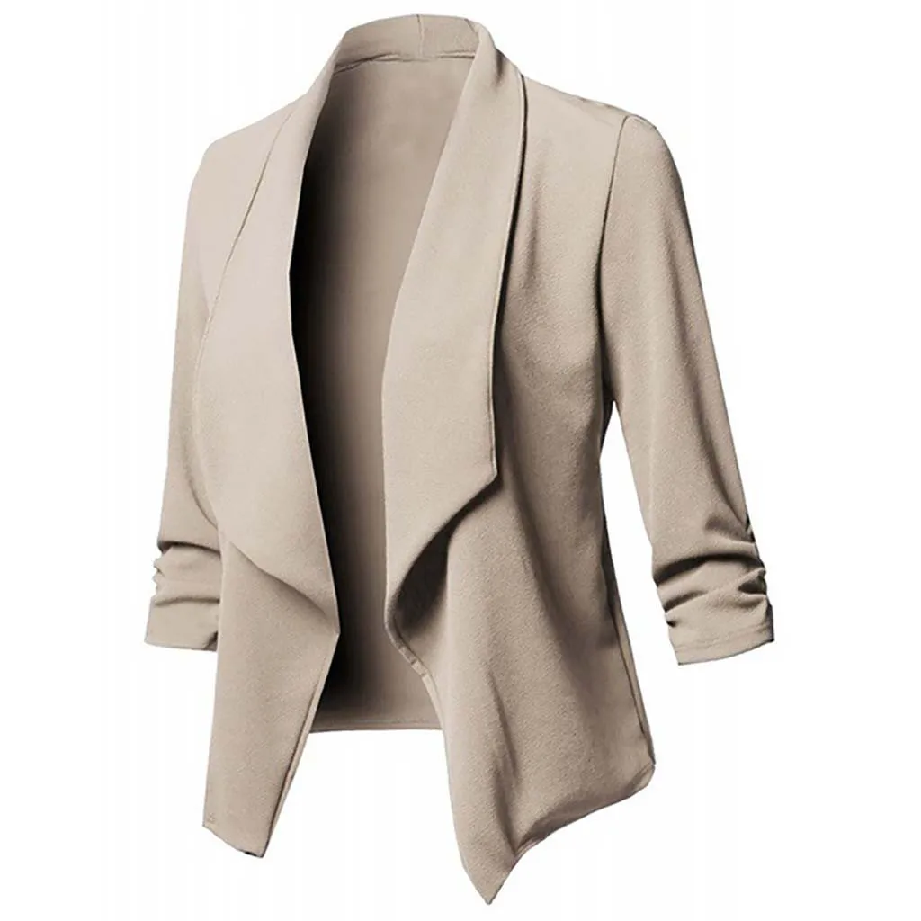 Autumn winter women's Casual long sleeve top Solid color Open Front Fold asymmetry Cardigan Jacket Coat L0808 - Цвет: Khaki