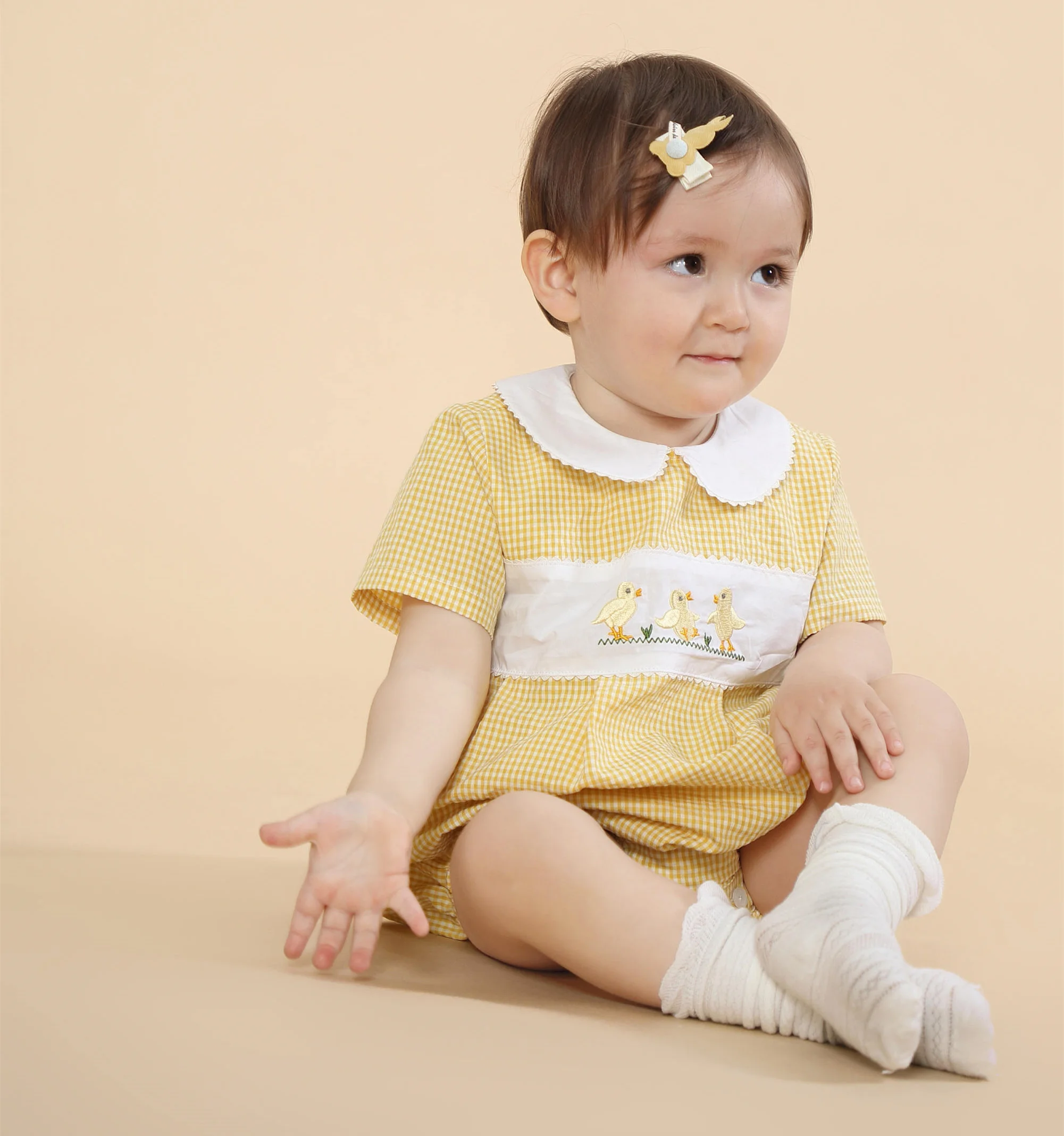 Spanish Baby Girl Plaid Romper Summer Newborn Embroidery Flower Cotton Jumpsuit Infant Baptism Yellow Rompers Toddler Clothes