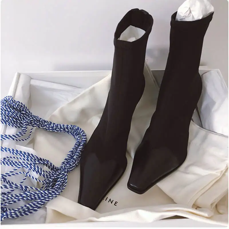 Женская обувь из эластичной шелковистой ткани; Bottes; зимние фирменные ботинки «Челси» в стиле пэчворк; femme chaussures; ботинки с острым носком; Botas; женские ботинки на шпильке