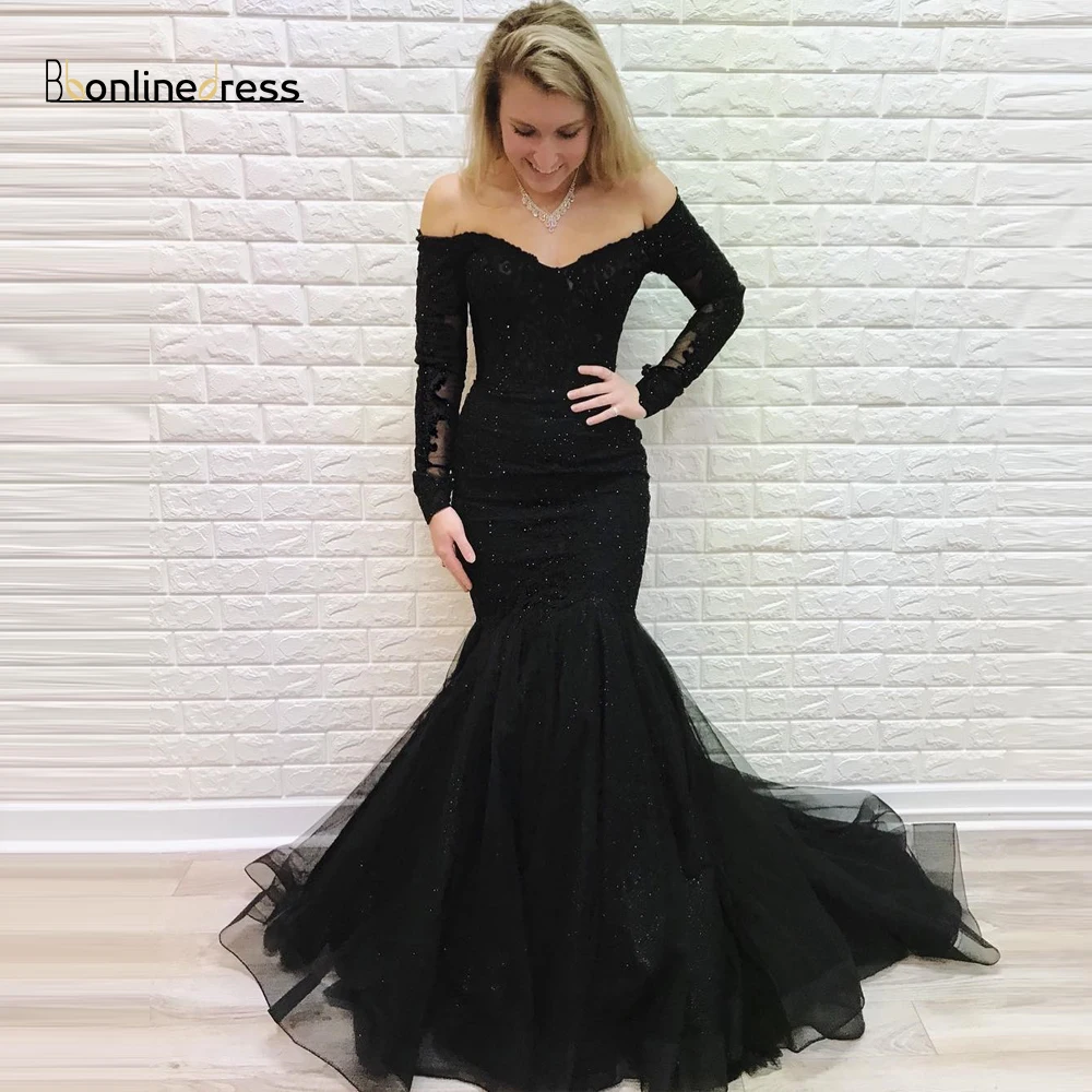 

2020 New Elegant Black Mermaid Evening Dresses Off The Shoulder Long Sleeve Party Dress Appliques Beaded Formal Gown vestido