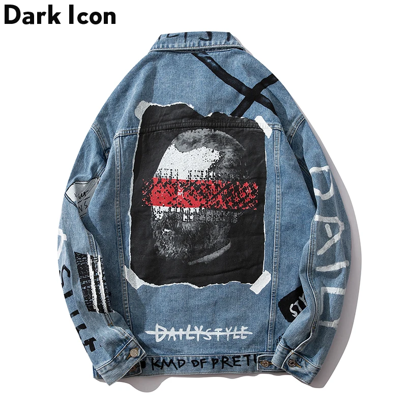 

Dark Icon Graffiti Blue Jeans Jacket Men 2019 Autumn Hip Hop Jackets New Fashion Men's Denim Jackets Streetwear