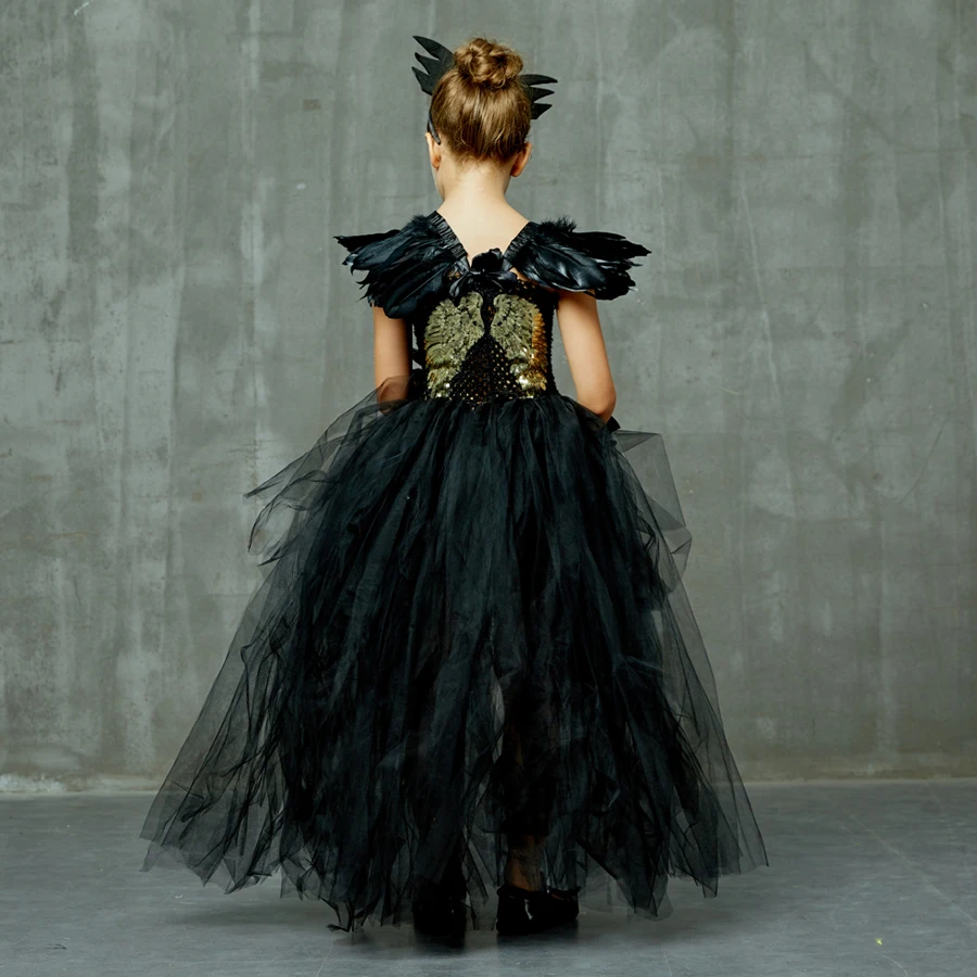 Fallen Angel Dark Gothic Black Halloween Tutu Dress Glitter Wings Girls Halloween Evening Party Ball Gown Evil Witch Costume (4)