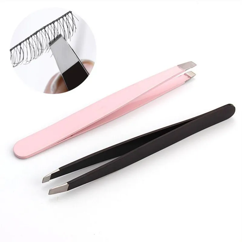 2PCS/SET Stainless Steel Eyebrow Tweezer Set 9.6cm Slant Tip Point Tip