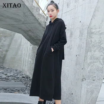 

XITAO Solid Pullovers Hooded Collar Hoodies Women 2019 Early Autumn Fashion New Casual Split Ribbon Long Sleeve Hoodies GCC2180