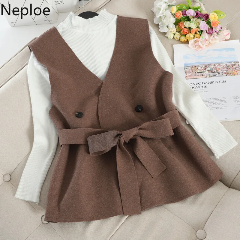 Neploe, корейский стиль, темперамент, Простой шерстяной жилет на шнуровке+ свитер с высокой горловиной, новинка года, осенний комплект из 2 предметов, 46997