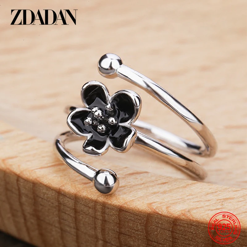 Silver Rings Silver Ring Wedding Rings Rose Flower Ring Metal Flower Ring ZDADAN 925 Sterling Silver Black Flower Adjustable Rings For Women Fashion Charm Gift Wedding Jewelry