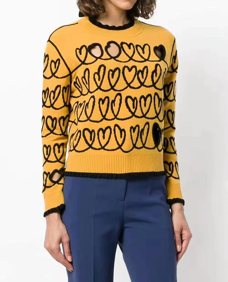 Contrast Bicolor Cut-Out Embroidery Heart Wool-Blend Jumper Black Velvet Patchwork Bowknot Viscose Knit Fleece Cropped Sweater | Женская