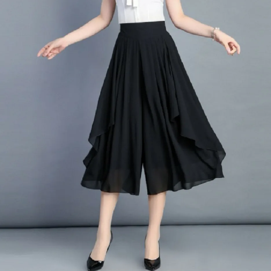 Новинка, широкие штаны для больших ног, женские летние штаны с высокой талией, юбки, повседневные штаны, широкие штаны, юбки больших размеров - Цвет: Black
