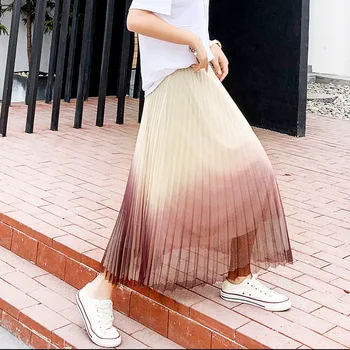 

LANMREM 2020 New Spring Summer High Waist Gradient Color Mesh Skirt Women Vintage A-line Casual Bottom Tide PD921