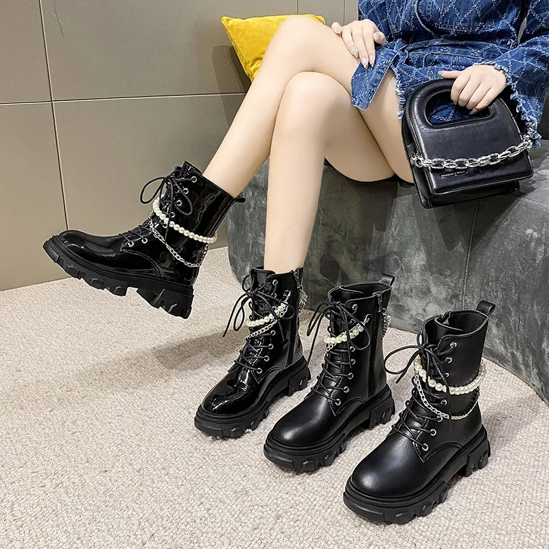 

Women Boots High Heels Ankle Glossy Patent Leather Short Winter Warm Boots Platform Heel Footwear Botas De Mujer
