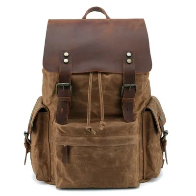 ELVASEK Large capacity Men's computer backpack retro canvas backpack canvas shoulder bag men's bag multifunction bag - Color: khaki