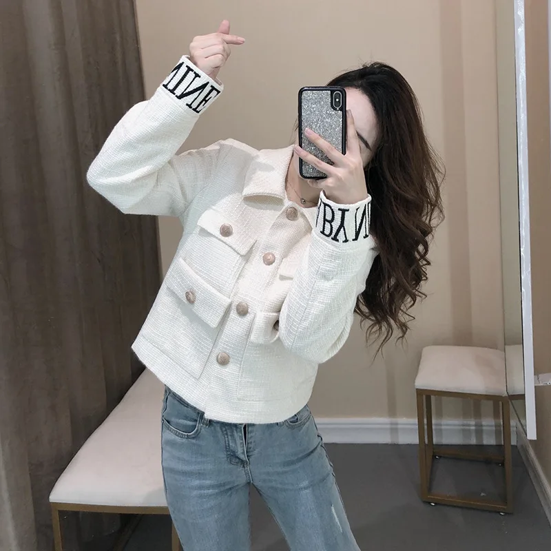 

LANMREM Solid Color Stitching Letter Cuff Single-breasted Short Section Woman Coat Casual Fashion 2019 Autumn Winter New TV212